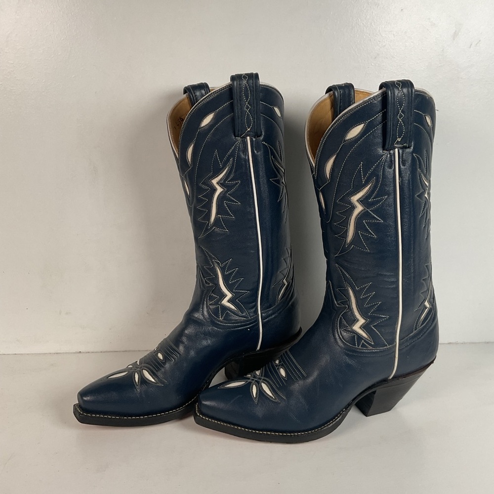 Vintage Tony Lama Tooled Cowboy Boots | Navy Blue | Men’s 7 D | Women’s 8